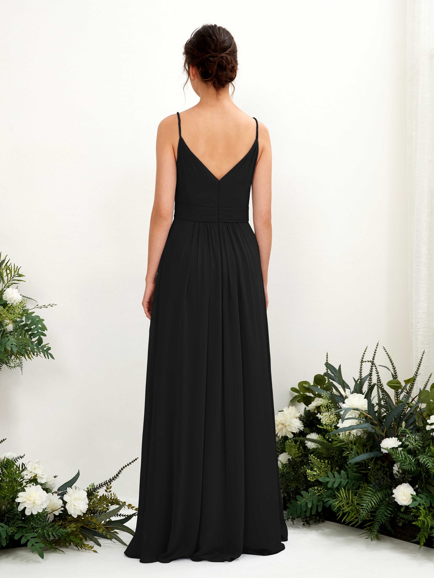 Spaghetti-straps V-neck Sleeveless Bridesmaid Dress - Black (81223915)#color_black