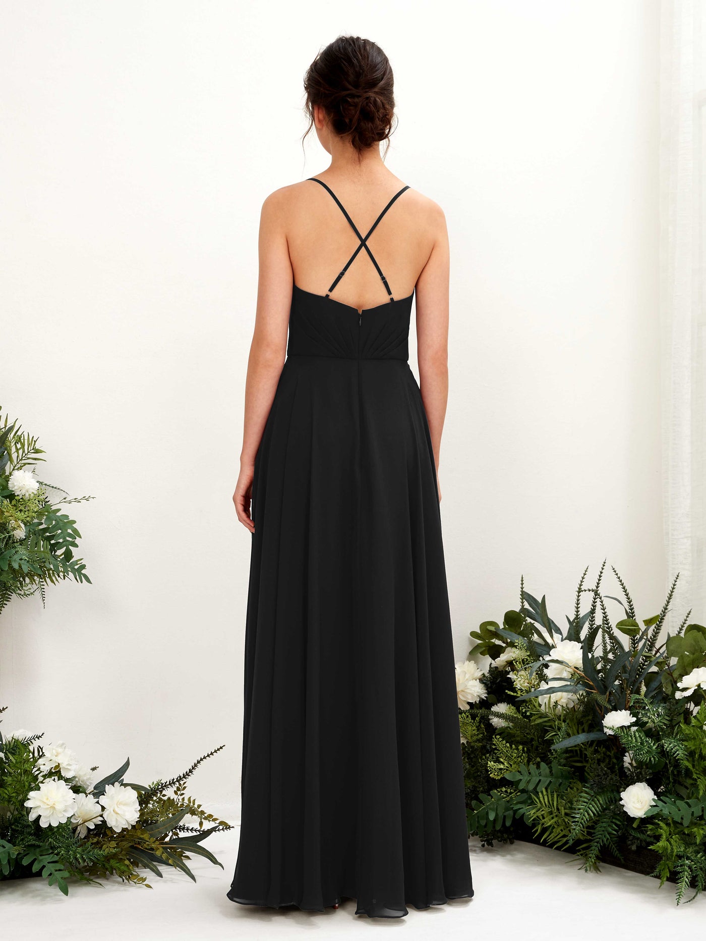 Spaghetti-straps V-neck Sleeveless Bridesmaid Dress - Black (81224215)#color_black