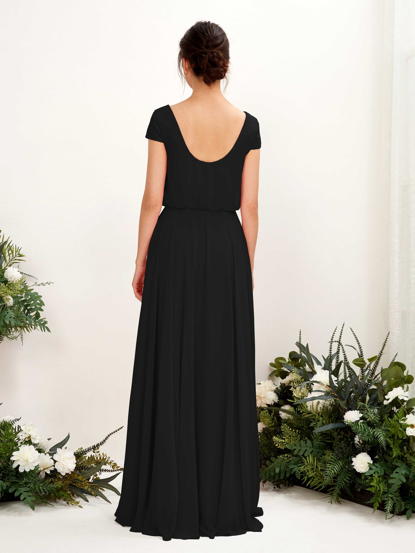 V-neck Cap Sleeves Chiffon Bridesmaid Dress - Black (81221815)#color_black