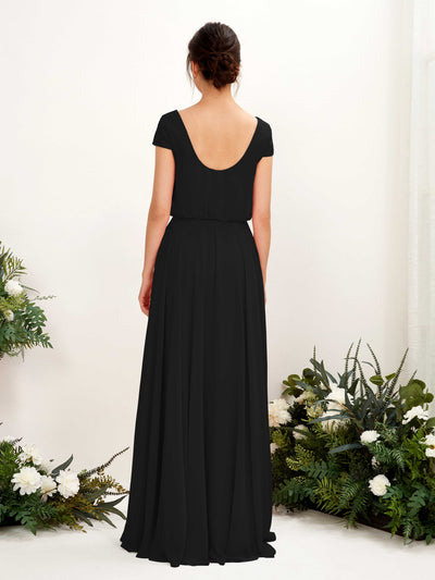 Carlyna Pauline A-Line Black Bridesmaid Dress Maxi Cap Sleeve V-Neck Dress #color_black