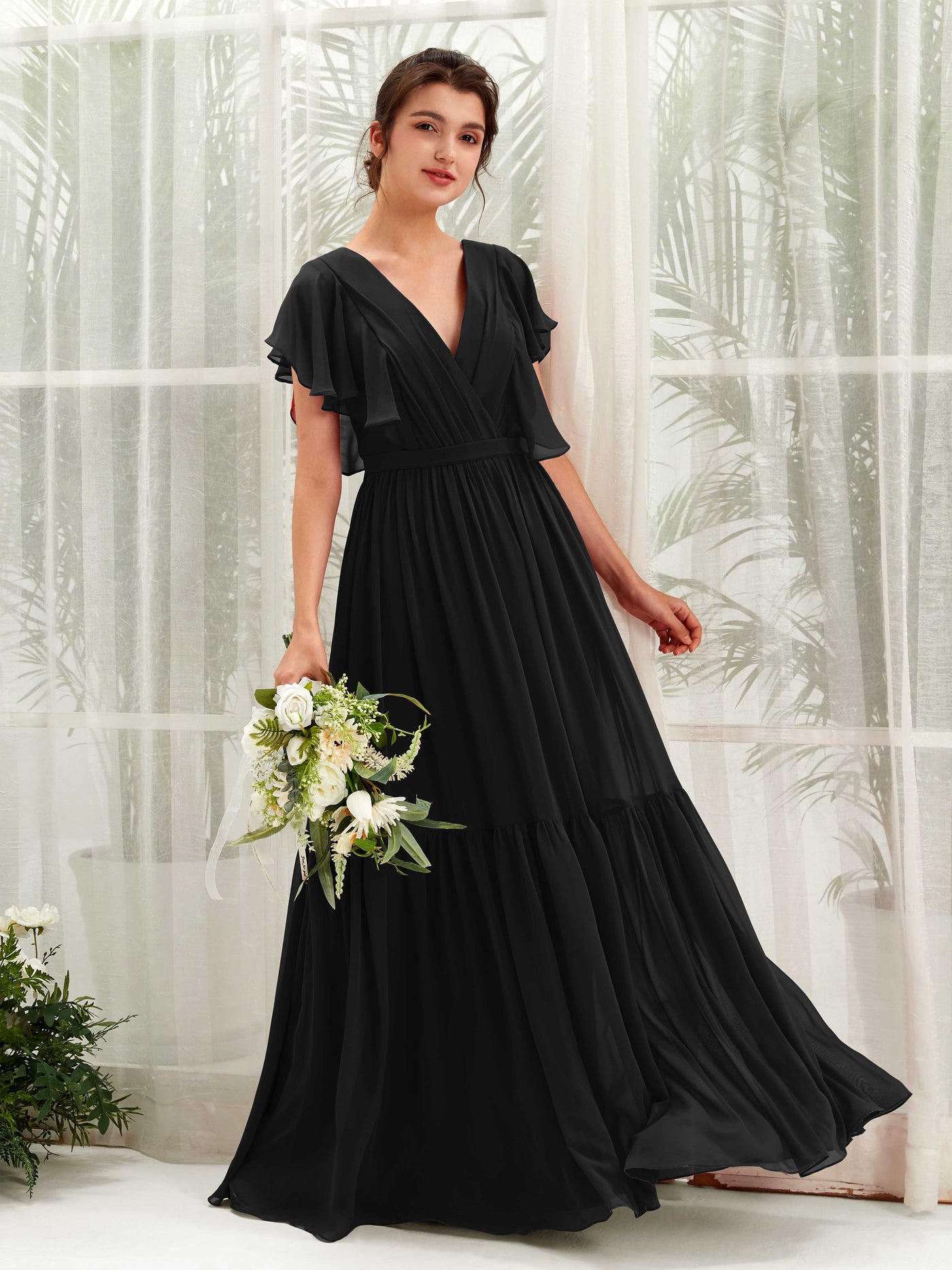 V-neck Cap Sleeves Chiffon Bridesmaid Dress - Black (81225915)#color_black