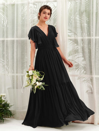 Carlyna Chaya A-Line Black Bridesmaid Dress Maxi Cap Sleeve V-Neck Dress Front View #color_black