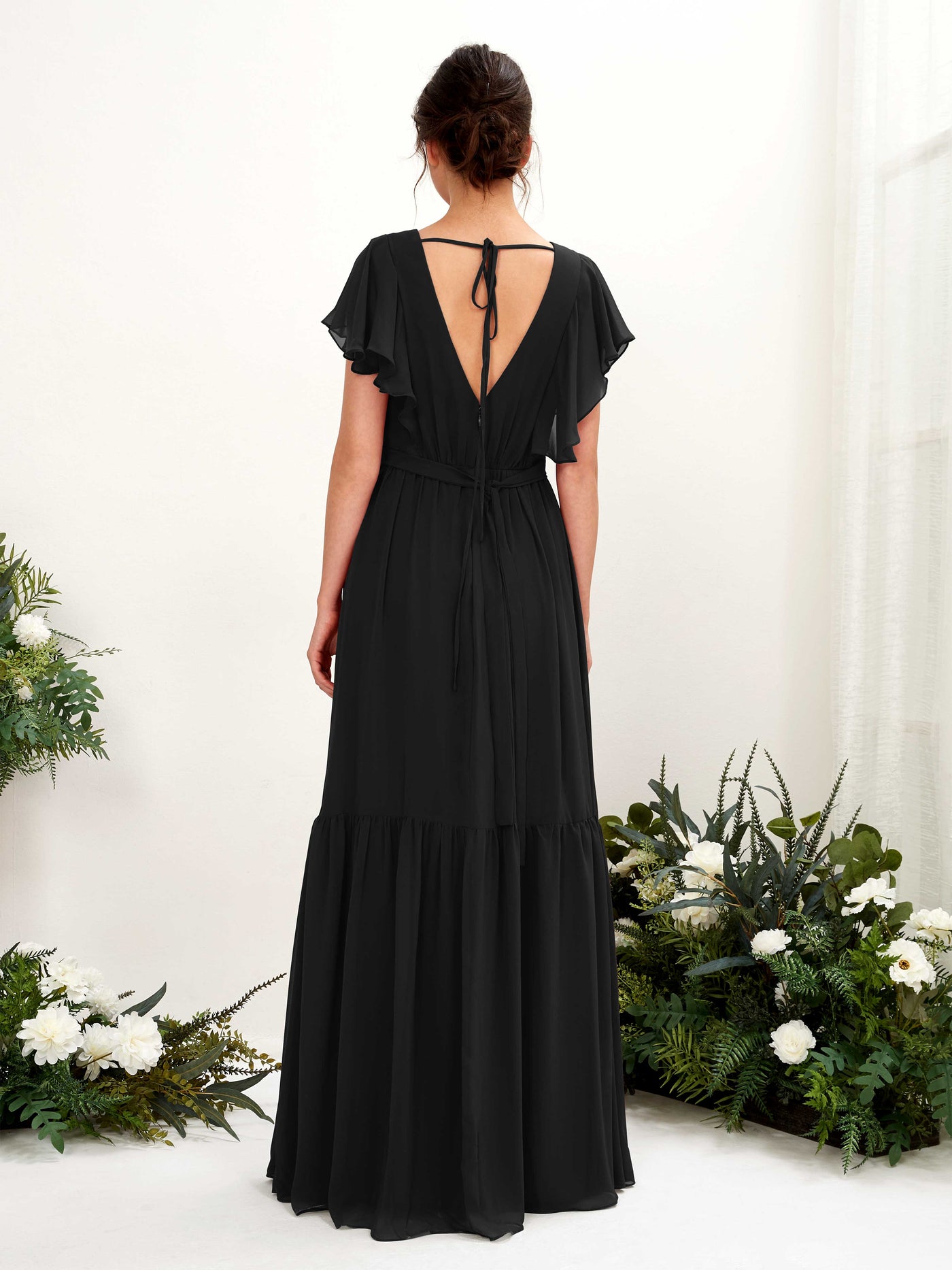 V-neck Cap Sleeves Chiffon Bridesmaid Dress - Black (81225915)#color_black