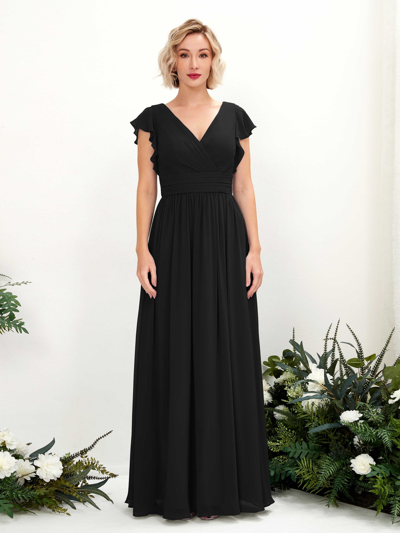 V-neck Short Sleeves Chiffon Bridesmaid Dress - Black (81222715)#color_black