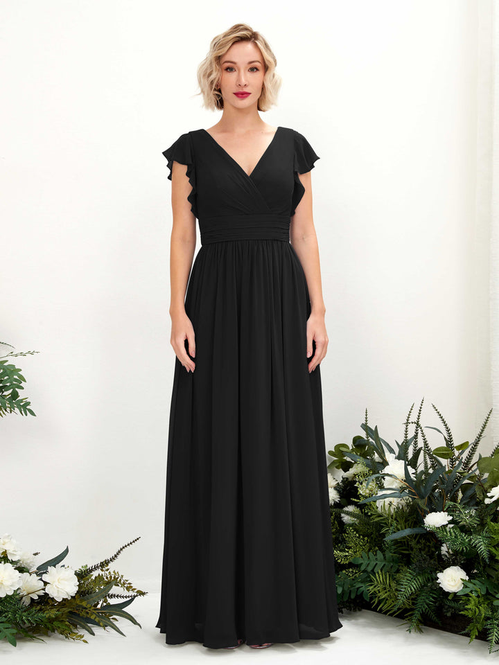 V-neck Short Sleeves Chiffon Bridesmaid Dress - Black (81222715)