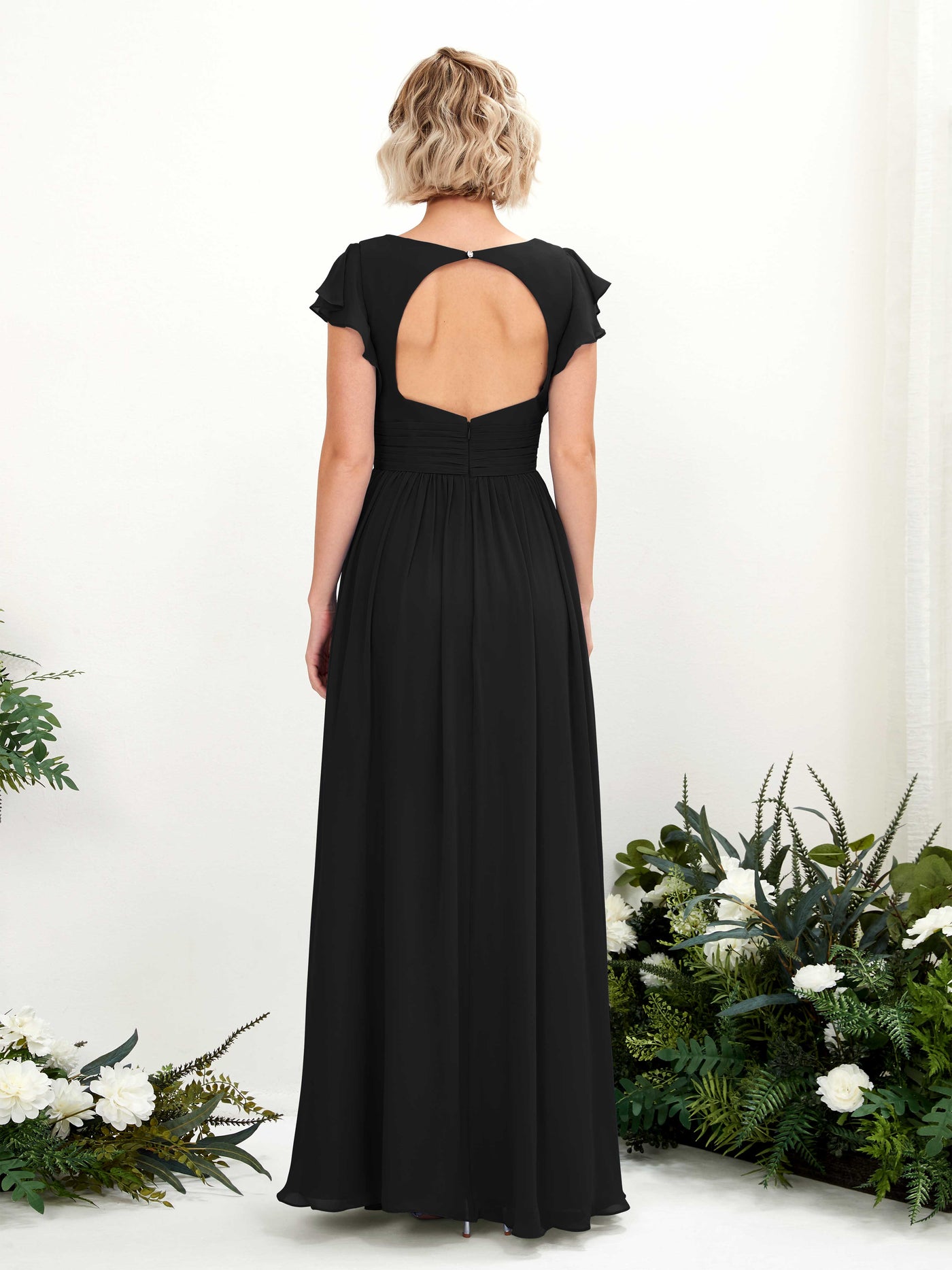 V-neck Short Sleeves Chiffon Bridesmaid Dress - Black (81222715)#color_black