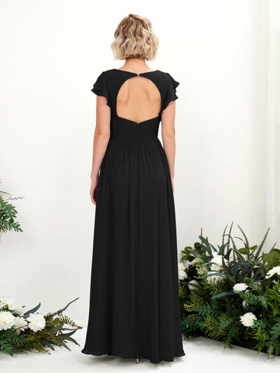 Carlyna Grino A-Line Black Bridesmaid Dress Maxi Cap Sleeve V-Neck Dress Back View #color_black