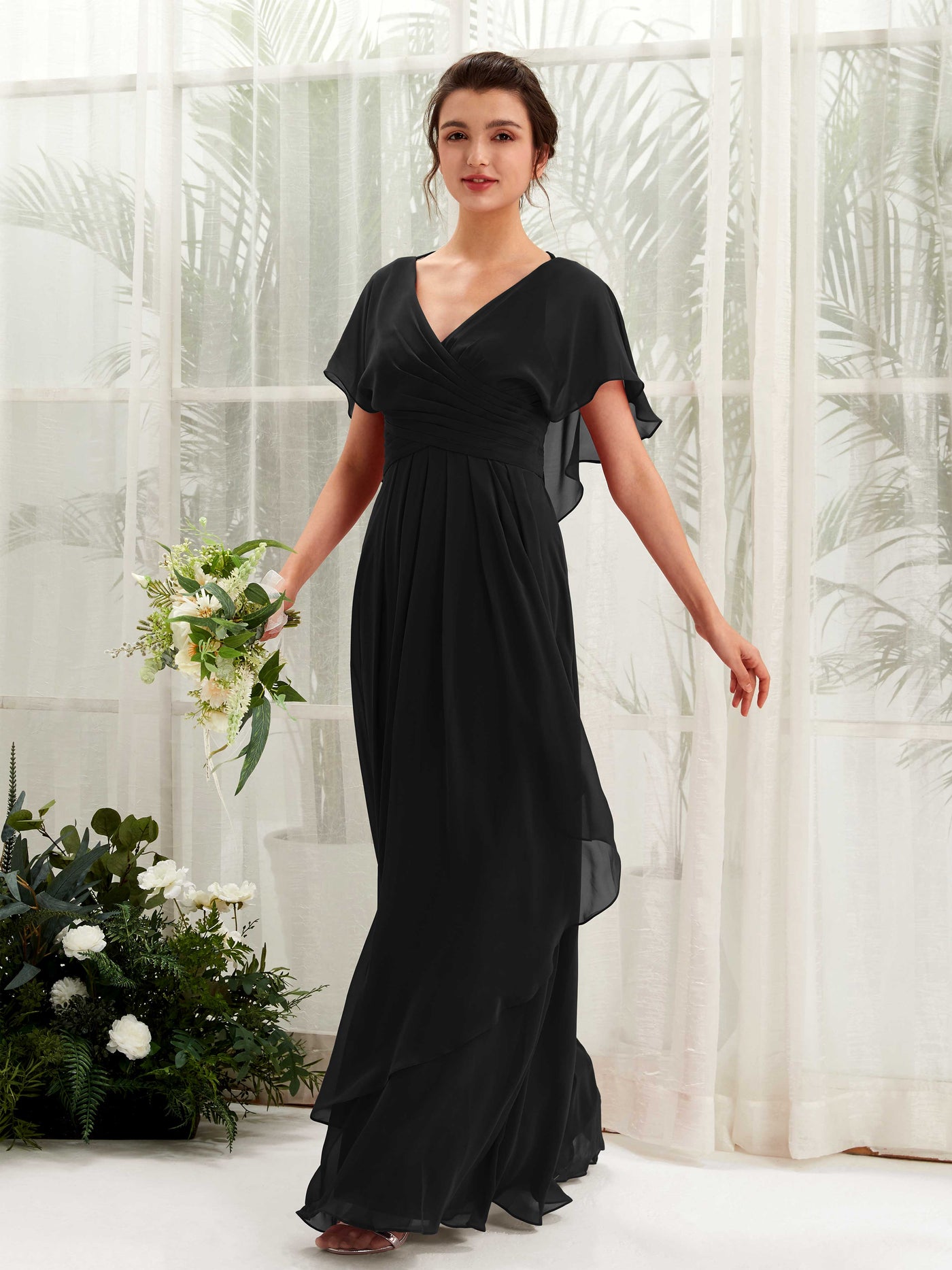 V-neck Short Sleeves Chiffon Bridesmaid Dress - Black (81226115)#color_black