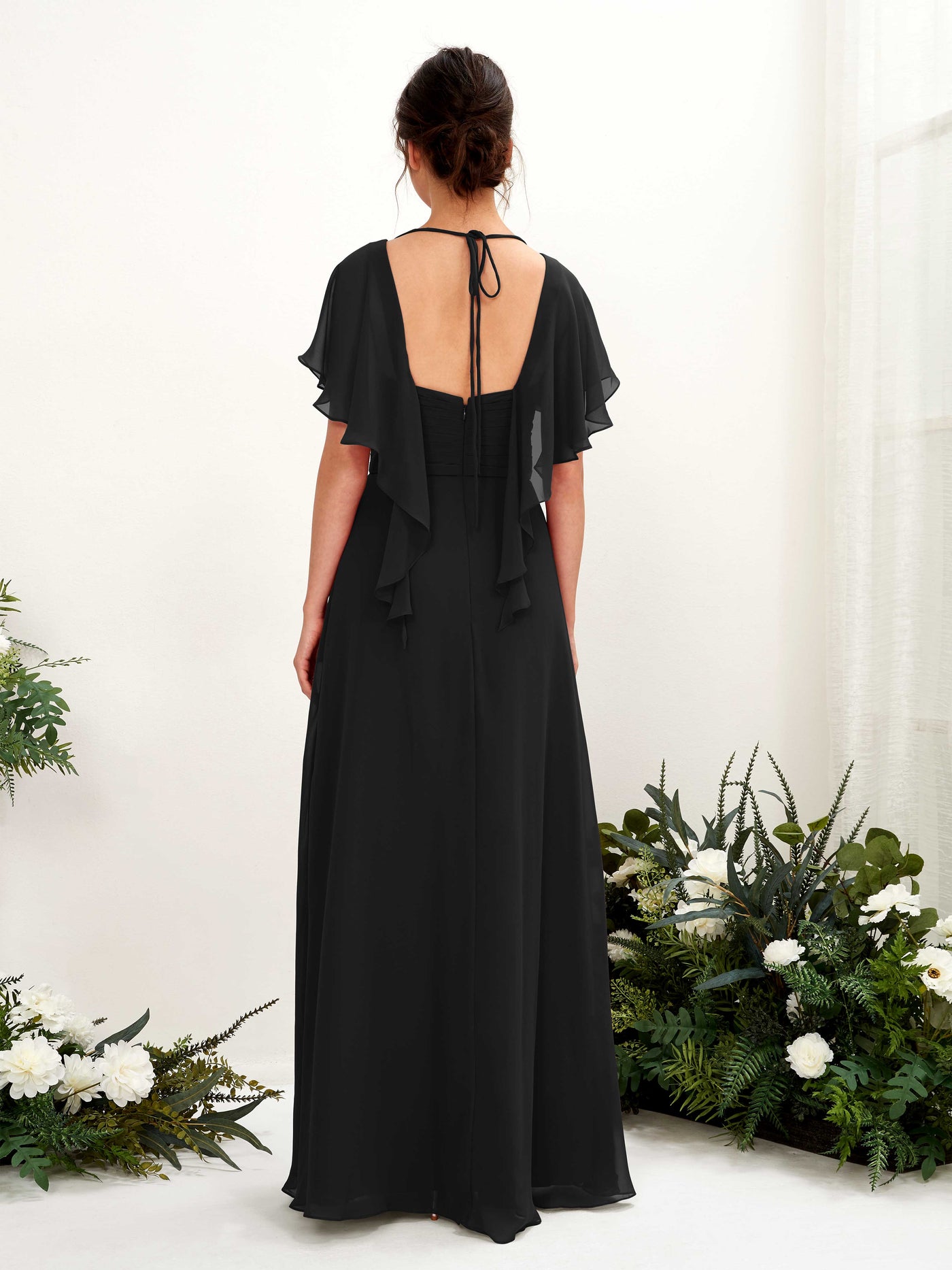 V-neck Short Sleeves Chiffon Bridesmaid Dress - Black (81226115)#color_black