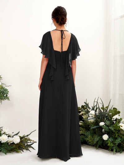 Carlyna Darlene A-Line Black Bridesmaid Dress Maxi Short Sleeve V-Neck Dress Back View #color_black