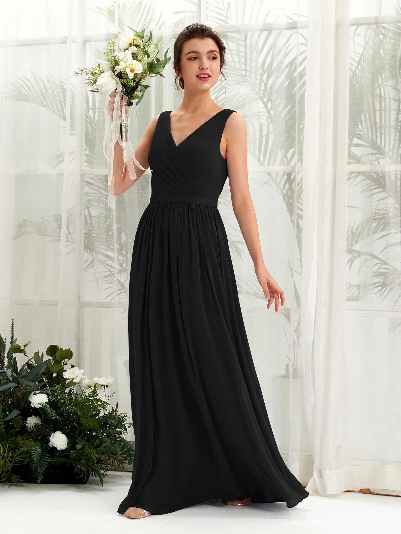 V-neck Sleeveless Chiffon Bridesmaid Dress - Black (81223615)#color_black