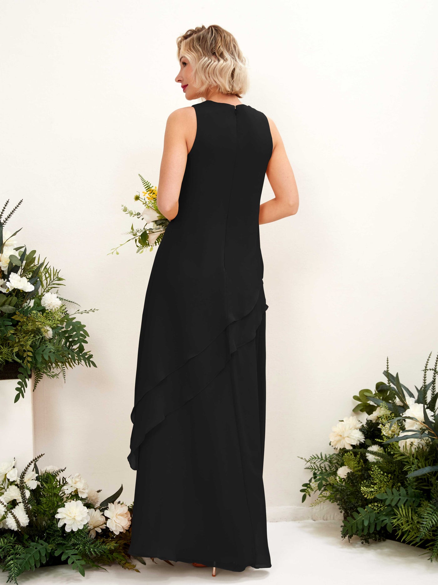 Round Sleeveless Chiffon Bridesmaid Dress - Black (81222315)#color_black