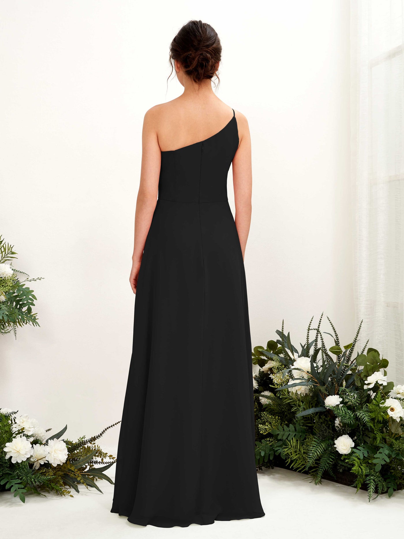 One Shoulder Sleeveless Chiffon Bridesmaid Dress - Black (81225715)#color_black