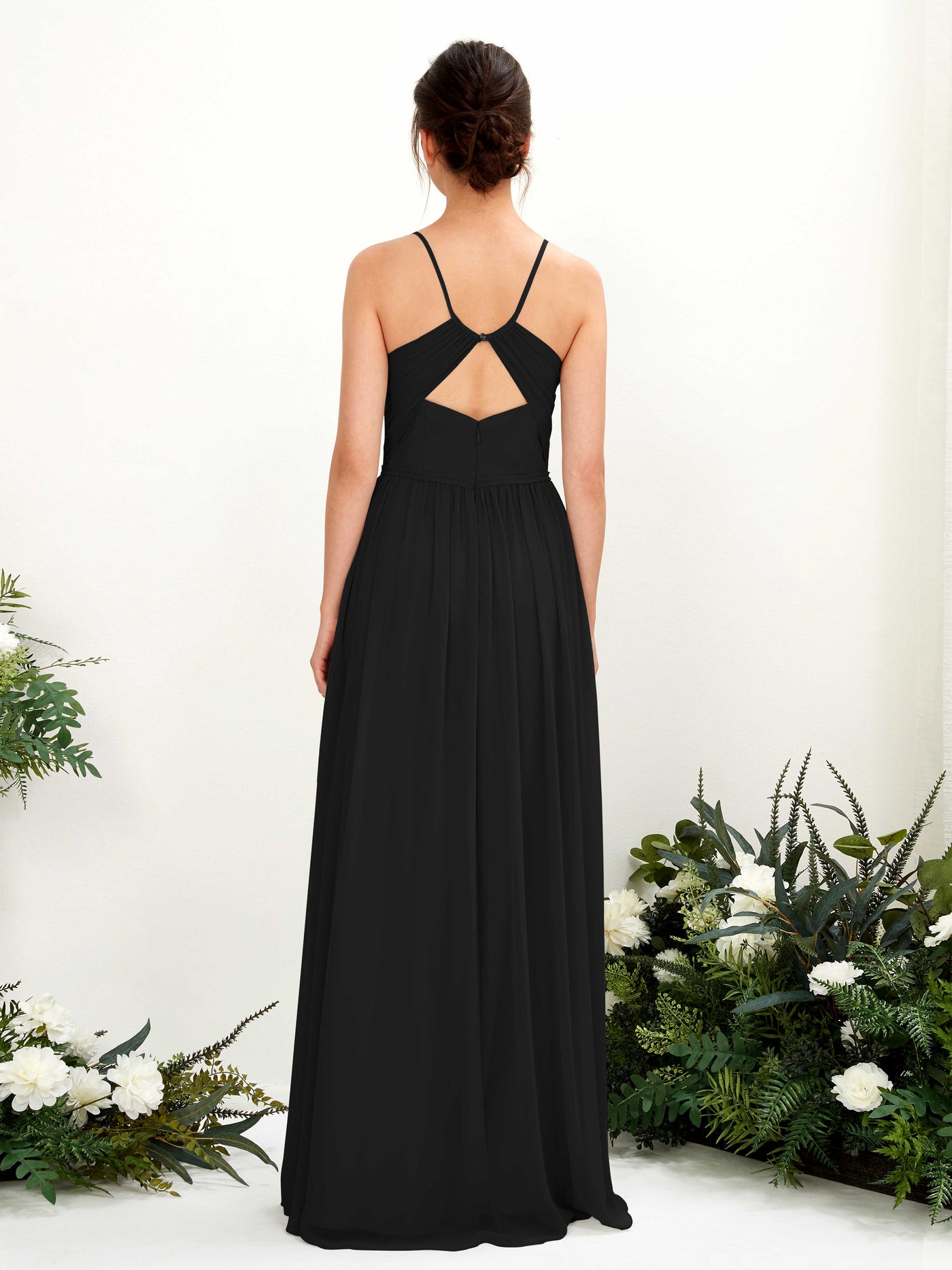 Spaghetti-straps V-neck Chiffon Bridesmaid Dress - Black (81221415)#color_black