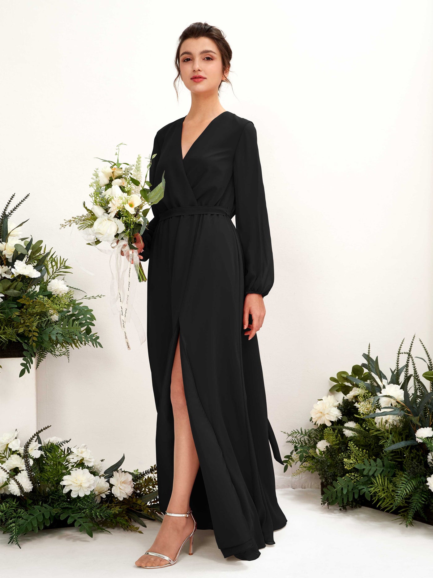 V-neck Long Sleeves Chiffon Bridesmaid Dress - Black (81223215)#color_black