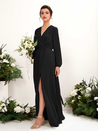 Carlyna Elsie A-Line Black Bridesmaid Dress Maxi Long Sleeve V-Neck Front View #color_black