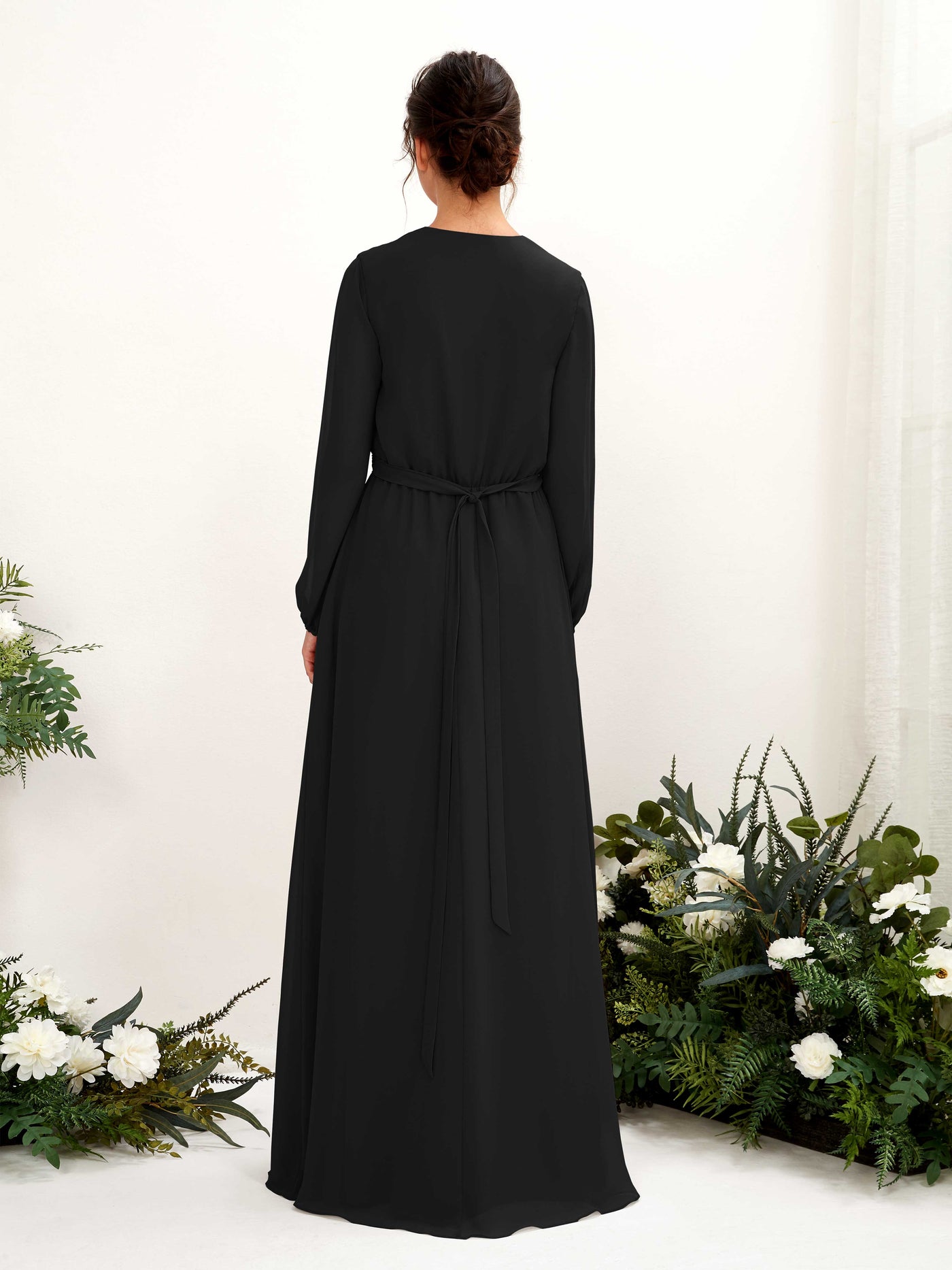 V-neck Long Sleeves Chiffon Bridesmaid Dress - Black (81223215)#color_black