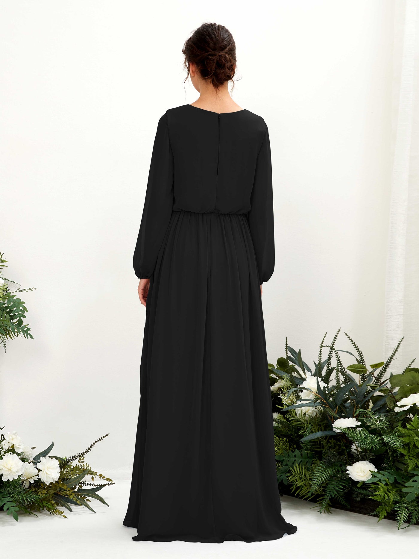 V-neck Long Sleeves Chiffon Bridesmaid Dress - Black (81223815)#color_black