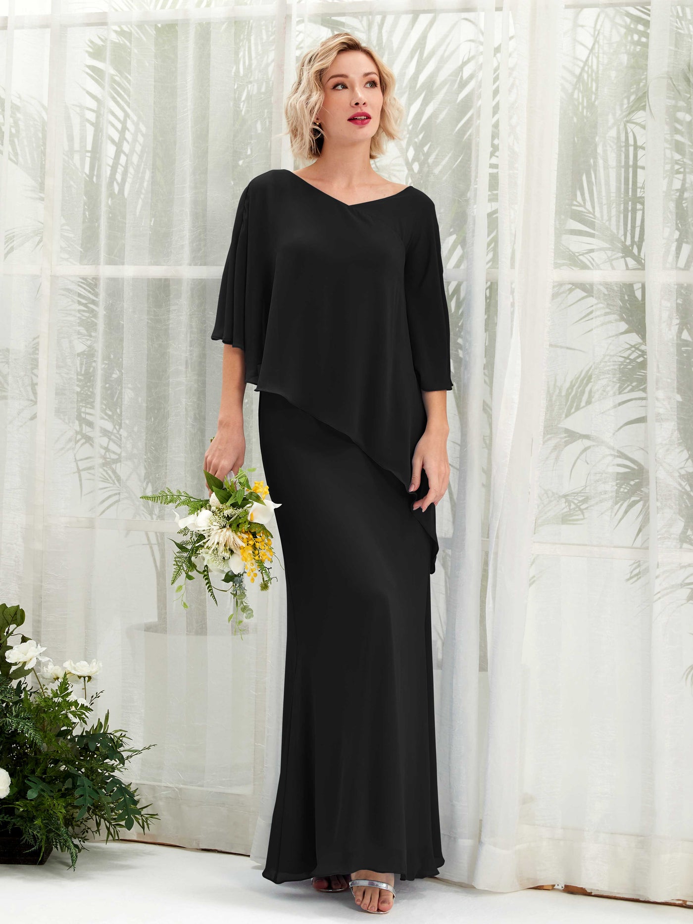 V-neck 3/4 Sleeves Chiffon Bridesmaid Dress - Black (81222515)#color_black