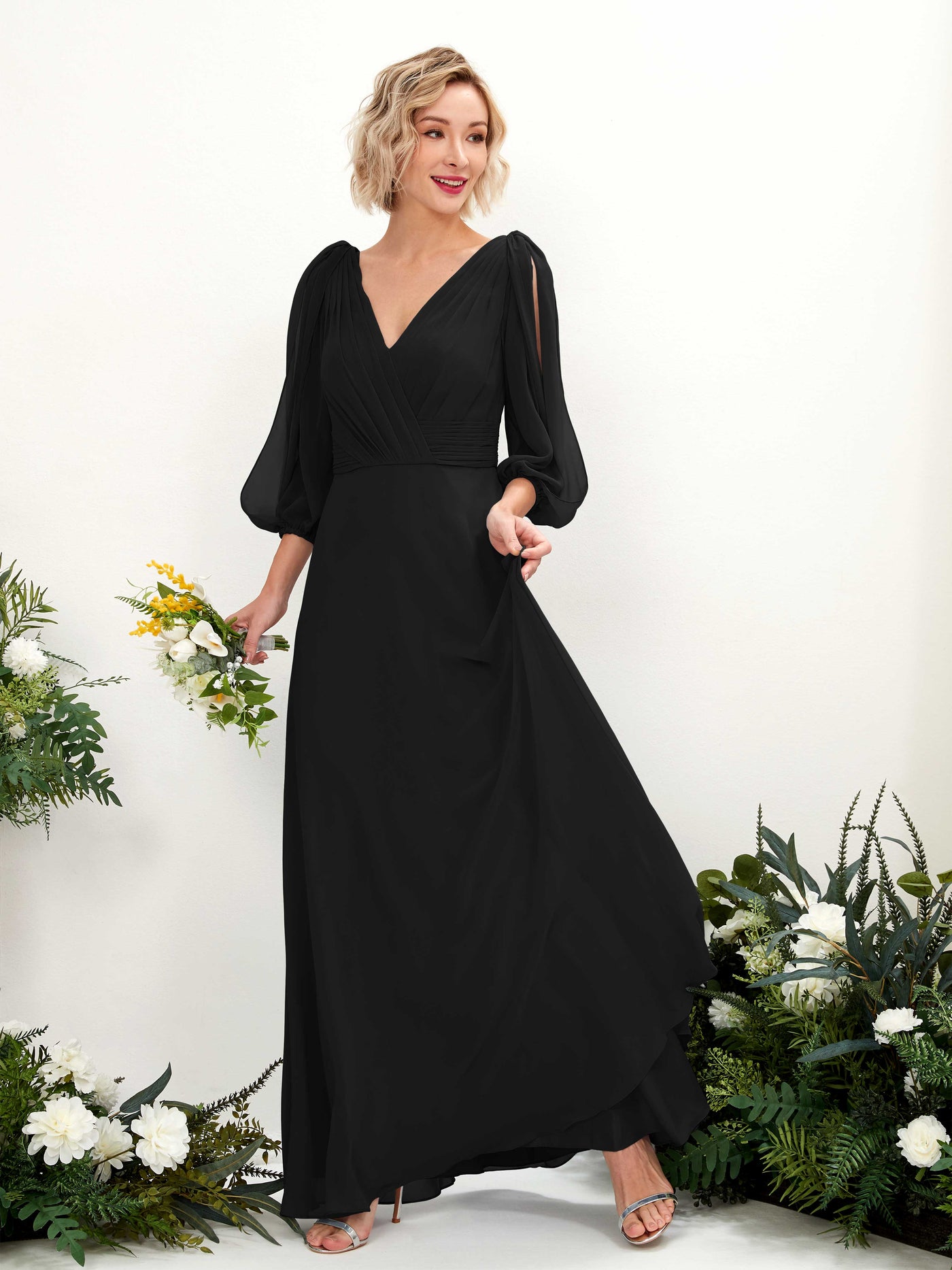 V-neck 3/4 Sleeves Chiffon Bridesmaid Dress - Black (81223515)#color_black