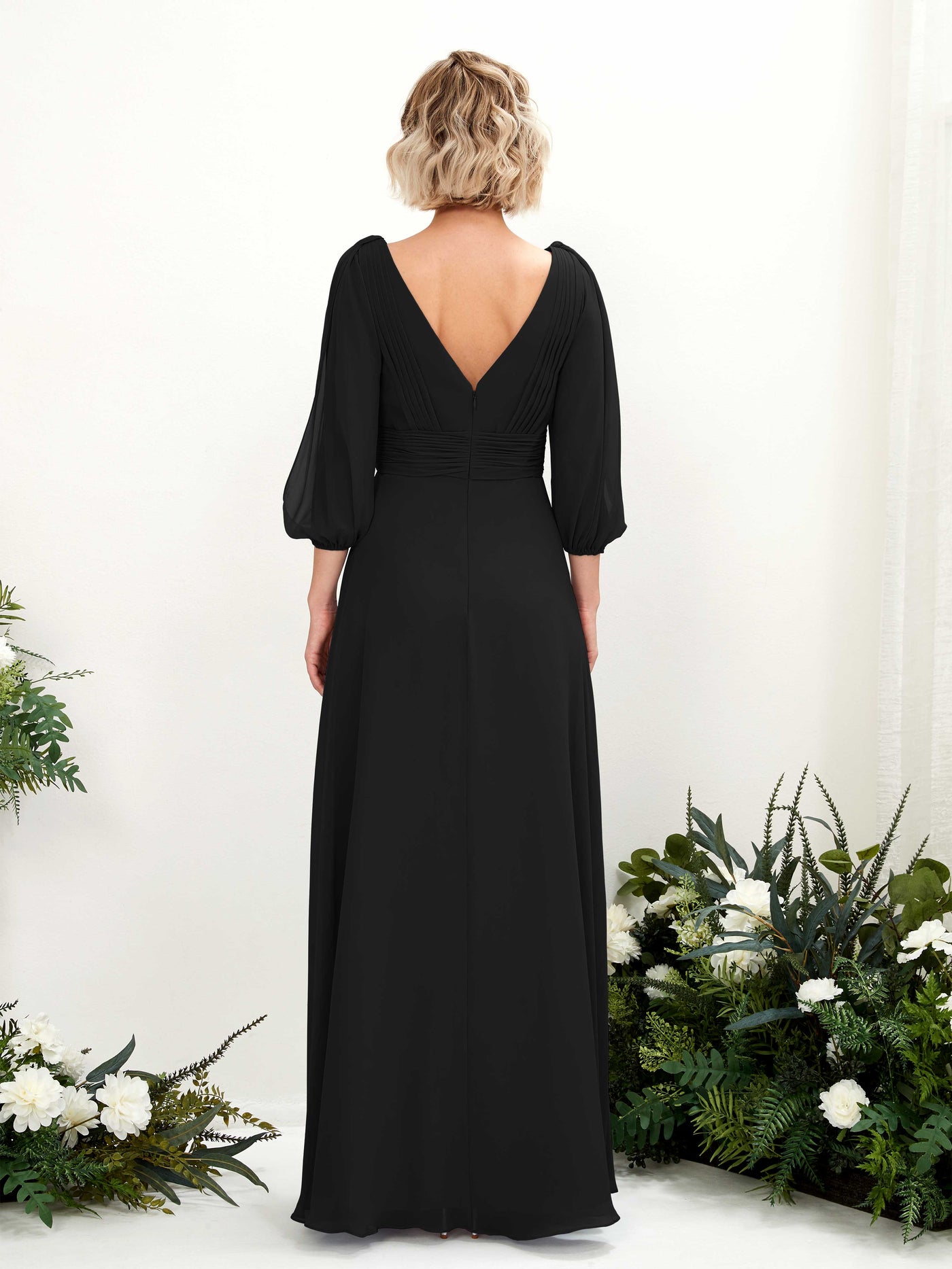V-neck 3/4 Sleeves Chiffon Bridesmaid Dress - Black (81223515)#color_black