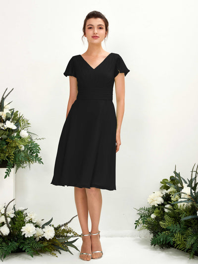 Carlyna Betty A-Line Black Bridesmaid Dress Knee-Length Short Sleeve V-Neck Dress Front View #color_black