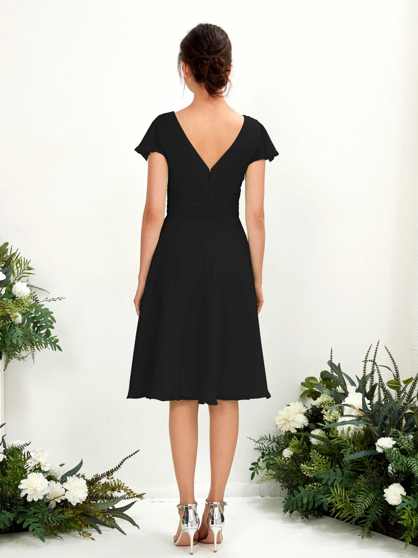 V-neck Short Sleeves Chiffon Bridesmaid Dress - Black (81220215)#color_black
