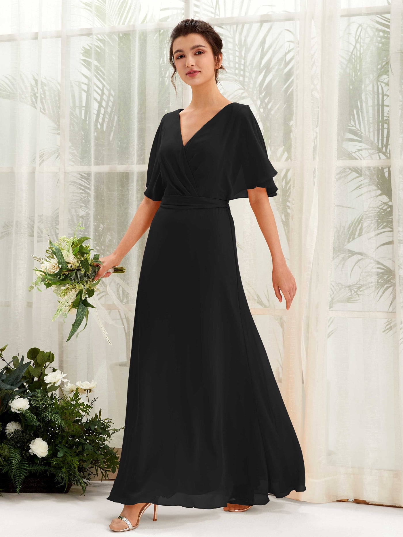 V-neck Short Sleeves Chiffon Bridesmaid Dress - Black (81222415)#color_black