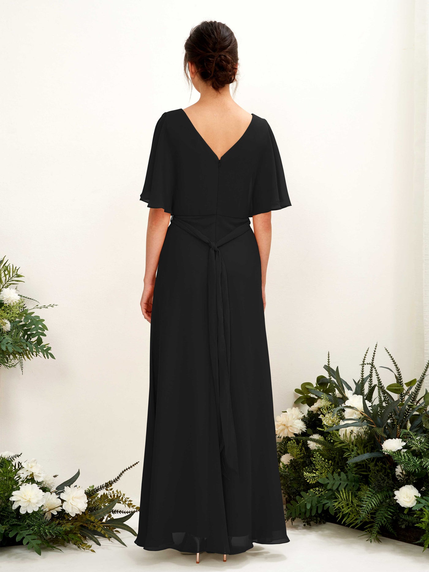V-neck Short Sleeves Chiffon Bridesmaid Dress - Black (81222415)#color_black