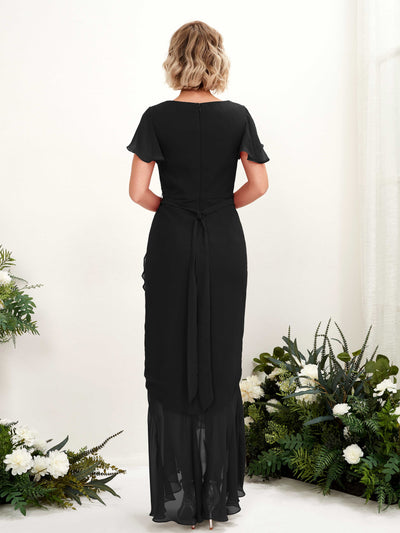 Carlyna Eartha Mermaid Black Bridesmaid Dress Maxi Cap Sleeve V-Neck Dress Back View #color_black