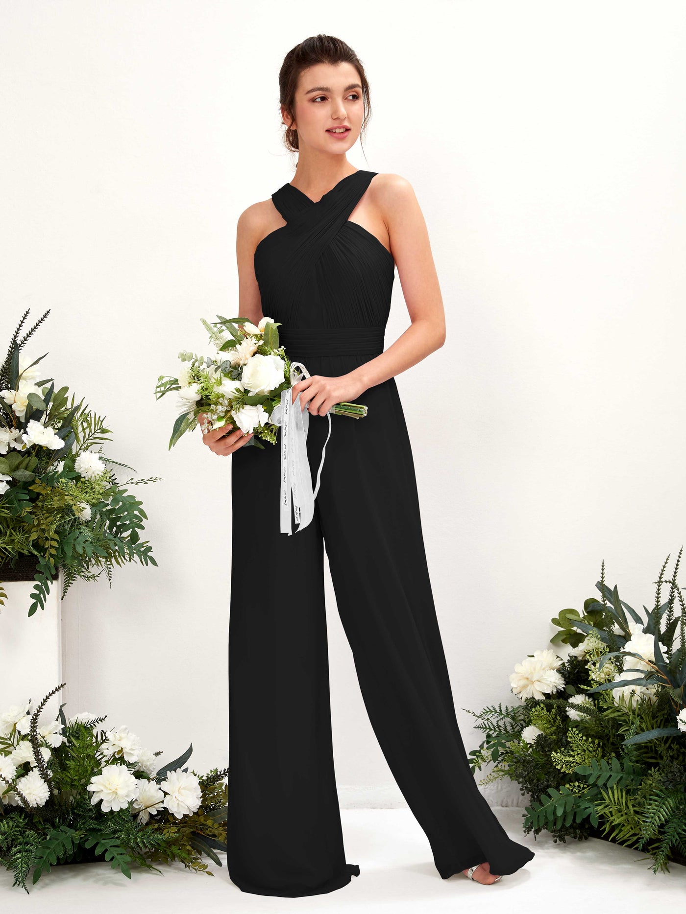V-neck Sleeveless Chiffon Bridesmaid Dress Wide-Leg Jumpsuit - Black (81220715)#color_black