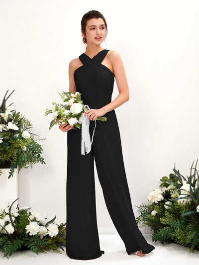 Carlyna Hilona Jumpsuit Black Bridesmaid Dress Maxi Sleeveless V-Neck Dress Front View #color_black