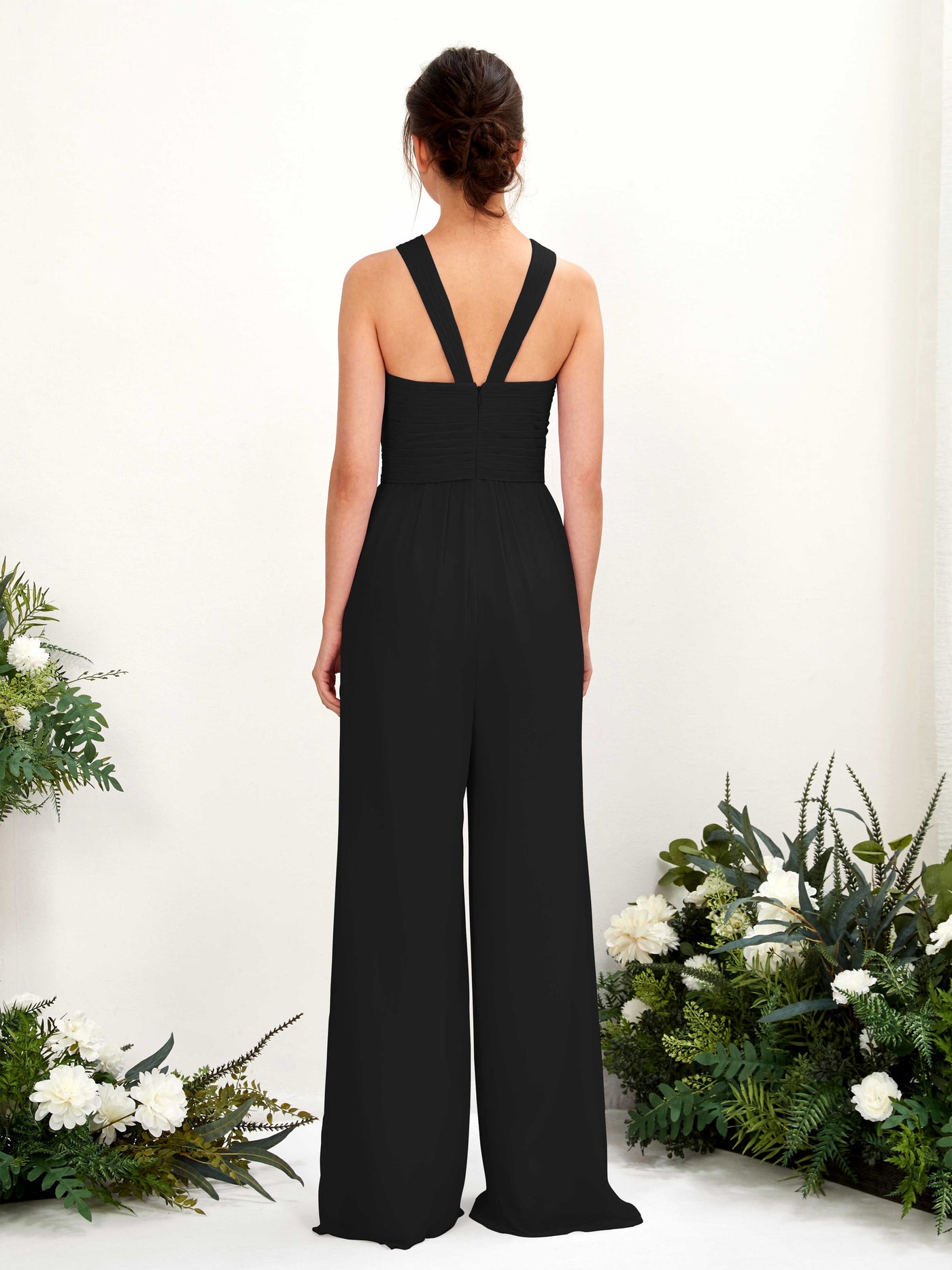 V-neck Sleeveless Chiffon Bridesmaid Dress Wide-Leg Jumpsuit - Black (81220715)#color_black